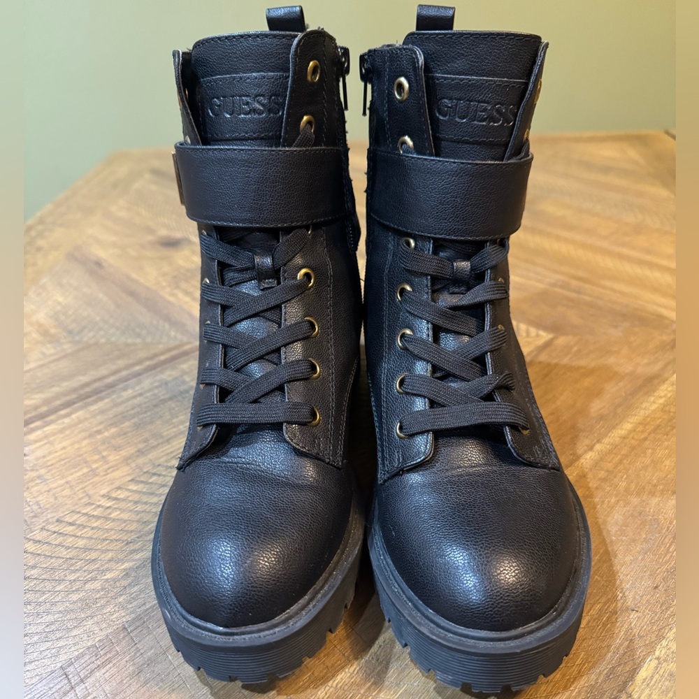 GUESS Caleena Lace Up Combat Boots With Gold Jeweled Guess Accent Strap NWOT - Picture 3 of 14